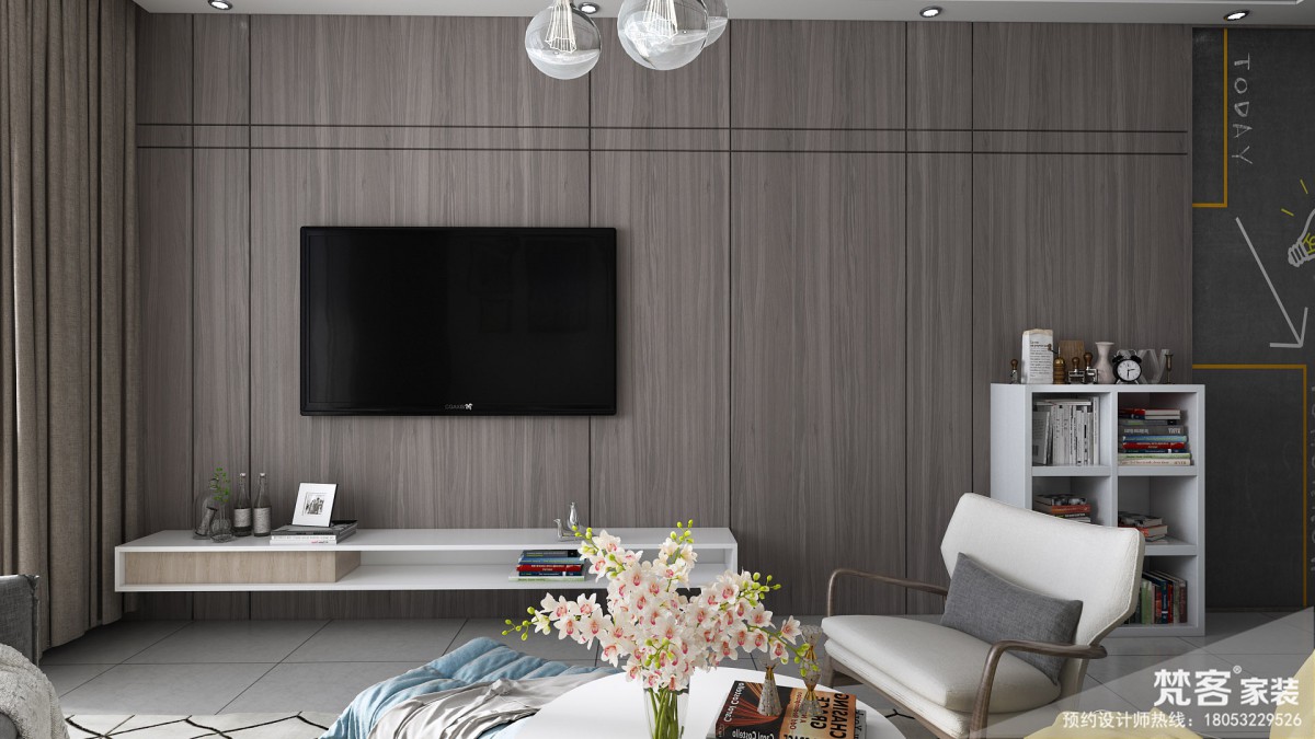 电视墙整体以木饰面为主,中间增加黑色边框的分割,整体有条不紊.